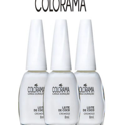 Três frascos de verniz branco da marca COLORAMA com tampa branca e texto LEITE DE COCO