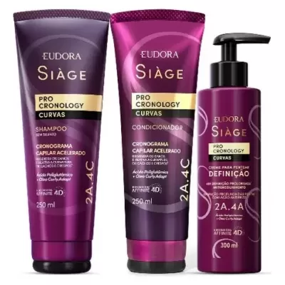 Produtos Eudora Siàge Pro Cronology Curvas shampoo, condicionador e creme para pentear em embalagens roxas