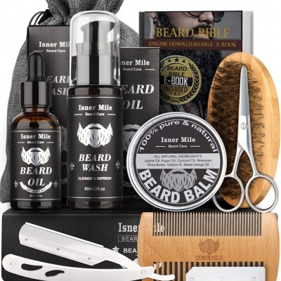 Kit de cuidados para barba Isner Mile com óleo, shampoo, bálsamo, pente, escova, tesoura e navalhete