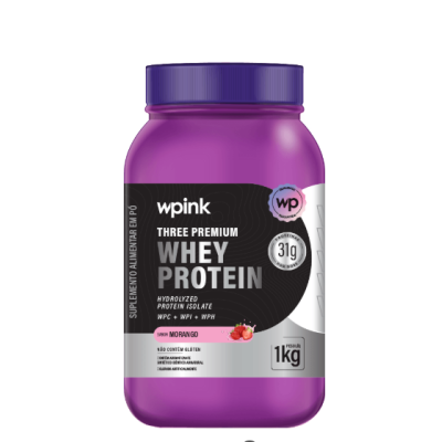 Frasco roxo de suplemento alimentar em pó Whey Protein sabor morango 1kg