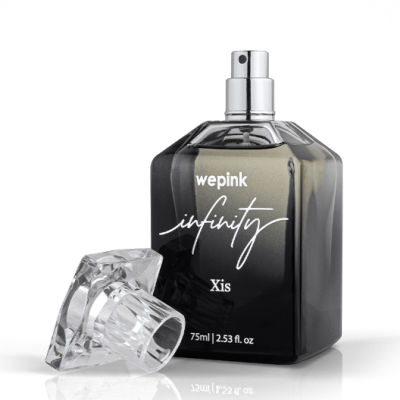 Frasco preto de perfume Wepink infinity Xis com tampa removida