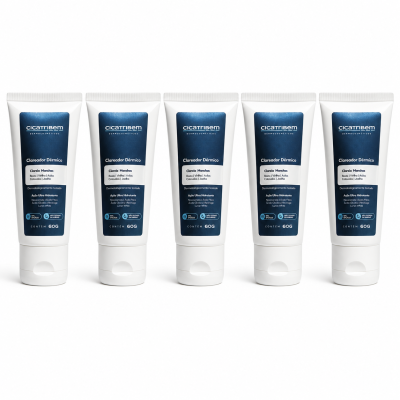 Cinco tubos brancos de creme clareador dérmico cicatribem com etiquetas azuis.