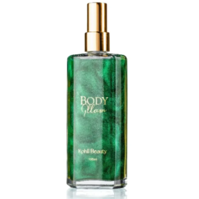 Frasco verde brilhante de spray corporal com tampa dourada e texto dourado