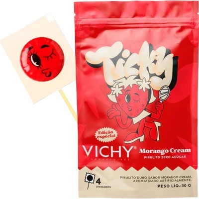 Embalagem de pirulito Vichy Morango Cream vermelho e bege com desenho de morango animado e pirulito vermelho com carinha