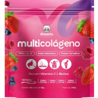 Embalagem rosa de suplemento multicolágeno com frutas vermelhas e informações nutricionais.