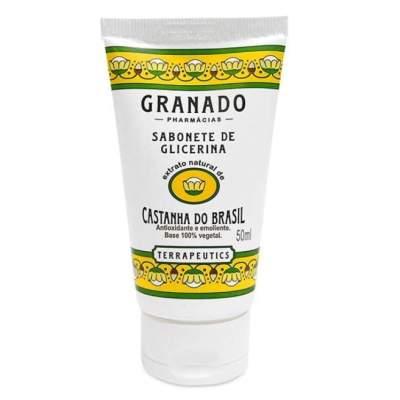 Sabonete de glicerina Granado Pharmácias com extrato de castanha do Brasil em frasco branco