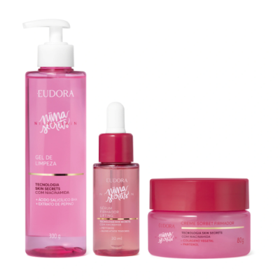 Conjunto de produtos de cuidado facial Eudora Nïma Sorbet em embalagens rosa