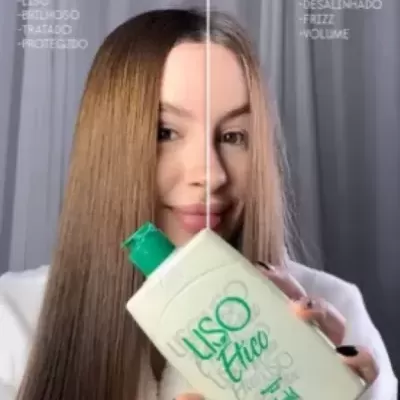 Mulher com cabelo dividido ao meio mostrando efeito de produto capilar Uso Ético com texto comparativo.