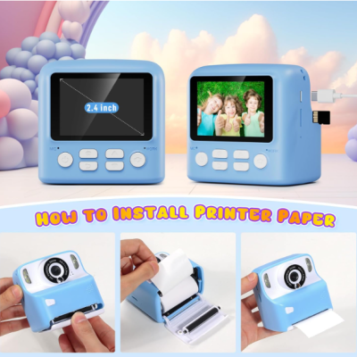 Impressora portátil azul clara com ecrã e instruções para instalação de papel térmico