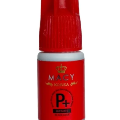 Frasco pequeno de cola preta MACY KOREA com tampa vermelha.