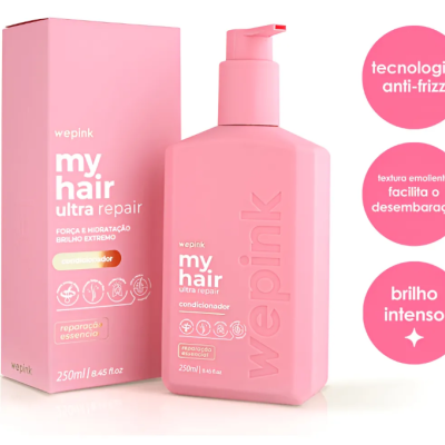 Frasco e embalagem rosa do condicionador wepink my hair ultra repair