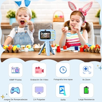 Câmera digital azul em tripé a gravar crianças a pintar ovos coloridos na mesa