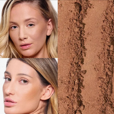 Duas mulheres com maquilhagem natural e pó compacto castanho claro