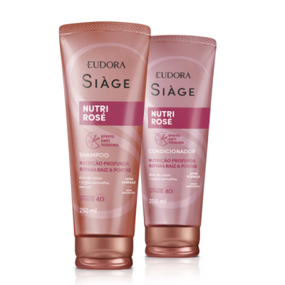 Duas embalagens cor de rosa de shampoo e condicionador Eudora Siàge Nutri Rosé