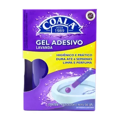 Embalagem roxa e amarela de gel adesivo sanitário Coala lavanda.