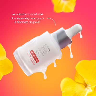 Frasco de sérum facial orquídea pro com conta-gotas e tampa prateada sobre fundo colorido com flores amarelas