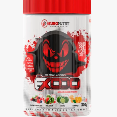 Suplemento pré-treino EXODO em embalagem branca com tampa vermelha e design de rosto estilizado vermelho e preto