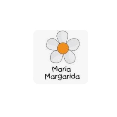 Desenho de flor branca com centro laranja e texto Maria Margarida