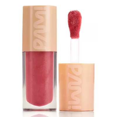 Batom líquido vermelho com brilho em embalagem transparente com tampa bege e aplicador