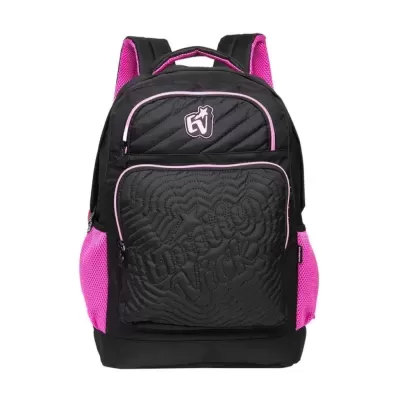 Mochila preta e rosa com bolsos e logo com estrela