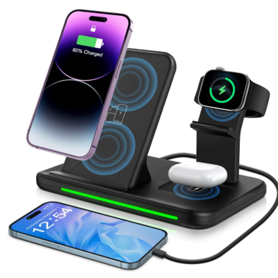 Base de carregamento sem fios preta com smartphones, smartwatch e estojo de earphones a carregar