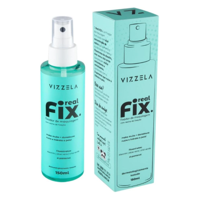 Frasco azul turquesa de fixador de maquilhagem Vizzela real fix com caixa correspondente