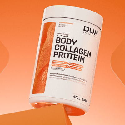 frasco de suplemento Body Collagen Protein branco com detalhes laranja e texto em português