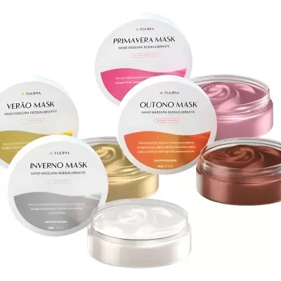 Máscaras faciais Nano Máscara Reconstrutiva TULIPIA em embalagens redondas com rótulos coloridos