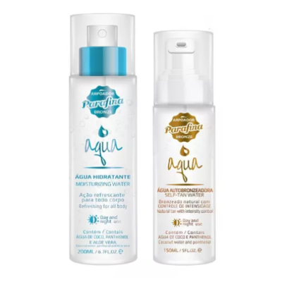 Dois frascos spray de produtos Parafina Bronze Água hidratante e autobronzeadora