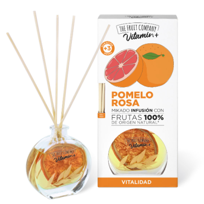 Difusor Mikado Pomelo Rosa com 5 pauzinhos e embalagem branca com fruta pomelo desenhada