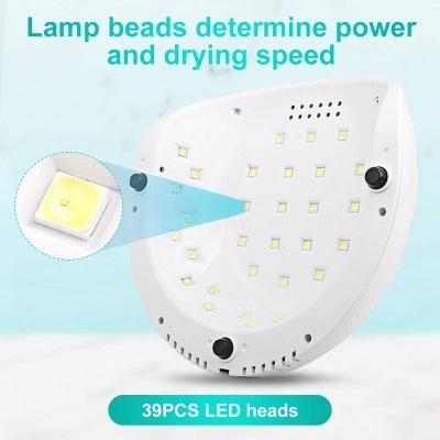 Lâmpada LED branca com 39 LEDs quadrados e texto explicativo em inglês