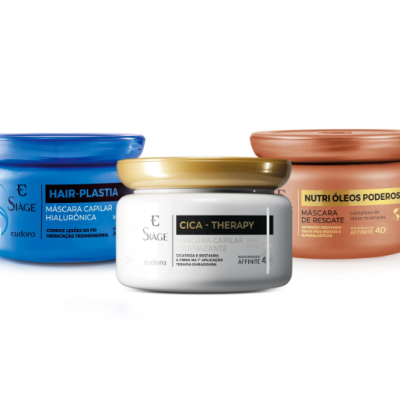Três máscaras capilares Eudora Siàge em embalagens azul, branco e laranja