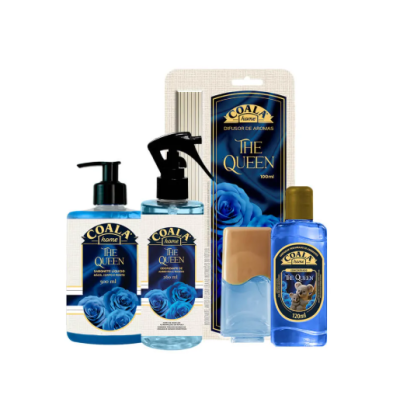 Conjunto de produtos Coala Home The Queen com sabonete, desodorizante, difusor e fragrância líquida em azul e dourado