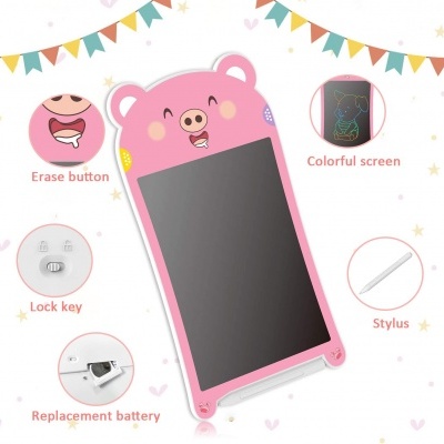 Quadro de escrita eletrónico rosa de porco com caneta e funcionalidades destacadas