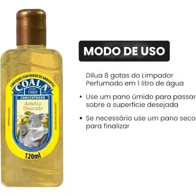 Frasco de limpador perfumado Coala Ameixa Dourada com instruções de uso