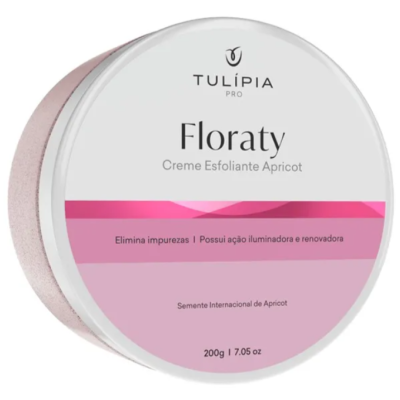 Creme esfoliante apricot Floraty da Tulípia Pro em embalagem redonda branca com detalhes rosa