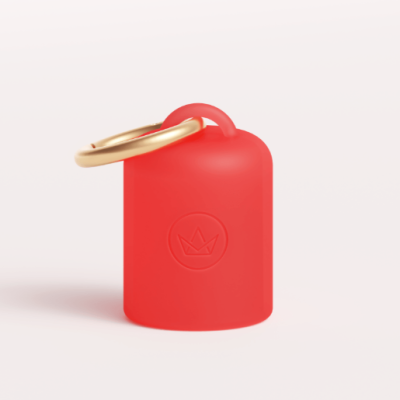 Estojo pequeno de silicone vermelho com anel dourado e símbolo de coroa