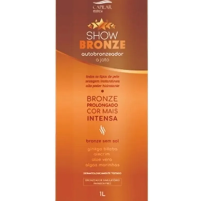 Frasco de autobronzeador Show Bronze laranja e branco com tampa rosqueável