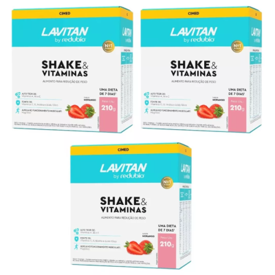 Caixas do produto Lavitan Shake & Vitaminas com design branco, azul, amarelo e morangos
