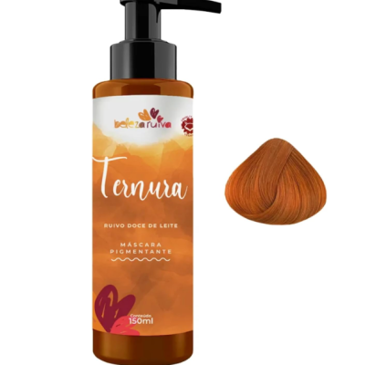 Máscara pigmentante ruivo doce de leite beleza ruiva 150 ml com frasco e amostra de cabelo