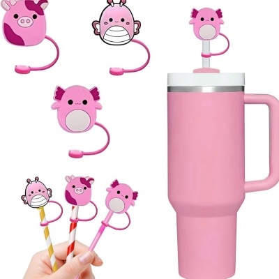 Tampas de silicone rosa para copos com desenhos de animais e caneca rosa