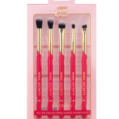 Kit de 5 pincéis de maquiagem para olhos com cabo vermelho e ferrule dourada