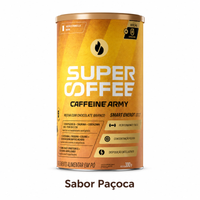 Lata dourada de suplemento alimentar em pó SUPER COFFEE CAFFEINE ARMY com informações sobre ingredientes e benefícios