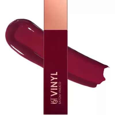 Batom líquido vinho com embalagem rosa e vinho, texto dourado BT VINYL BATOM VINÍLICO e traço de batom no fundo branco