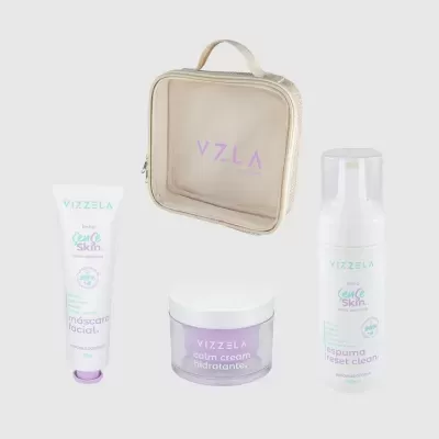 Conjunto de produtos de cuidados com a pele Vizzela com bolsa bege transparente
