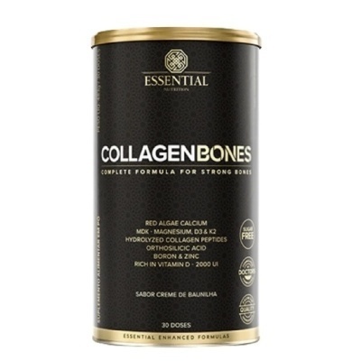 Embalagem preta e dourada do suplemento COLLAGEN BONES da Essential Nutrition