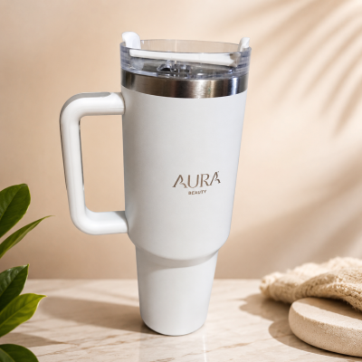 Caneca térmica branca com tampa e texto AURA BEAUTY