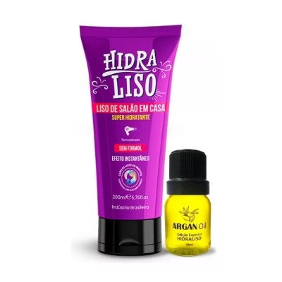 Produtos cosméticos Hidra Liso e Argan Oil sobre fundo branco