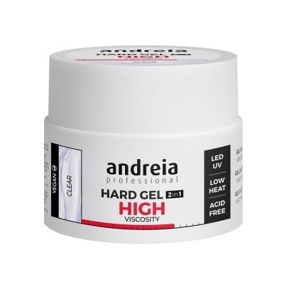 Pote branco de gel hard gel para unhas da marca Andreia Professional com texto e etiquetas pretas e vermelhas