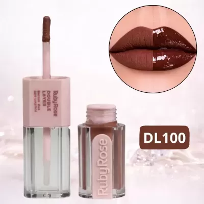 Batom líquido Ruby Rose Double Layer castanho DL100 com aplicação fosca e brilhante